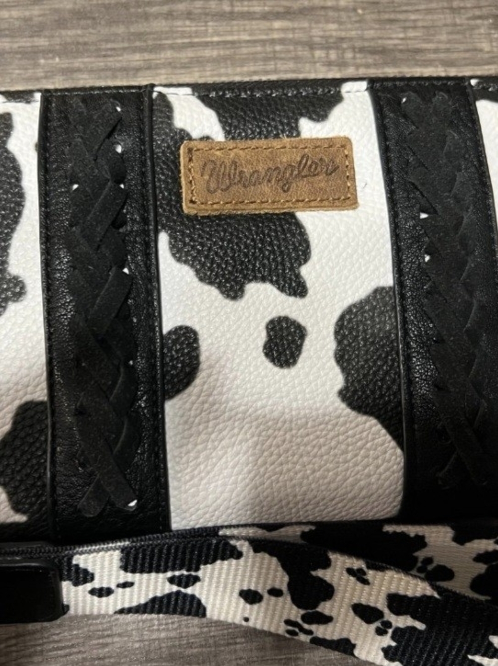 Wrangler Black and White Cowprint Wristlet Wallet with Braided Trim